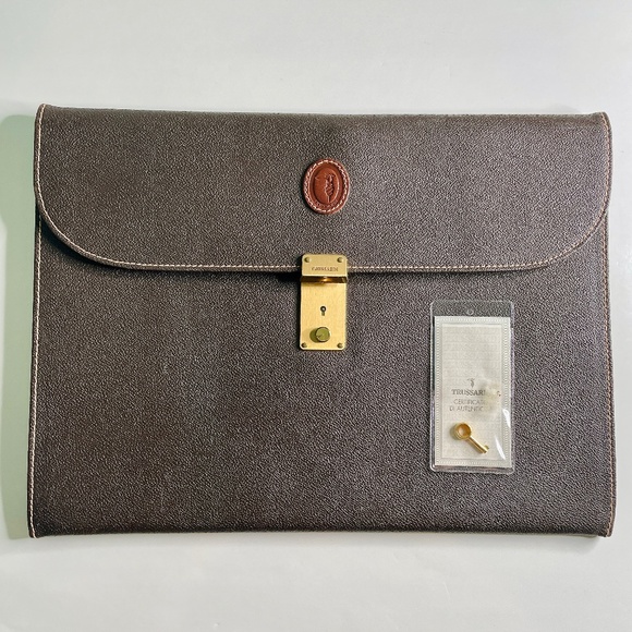 Trussardi Brown Canvas Document Holder Bag Large Case with Lock & Key Vintage - Picture 3 of 16